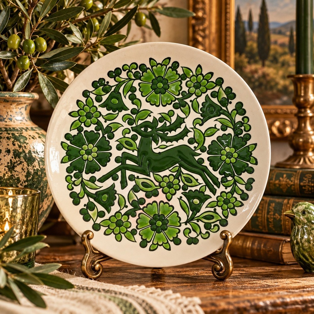 Vintage Greek Tassoulis Ceramic Pottery Plate Green Rhodian Deer Floral Folk Art
